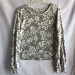 Loft Knit Blouse Sweatshirt Long-Sleeve Shirt Floral Gray & White Size Large
